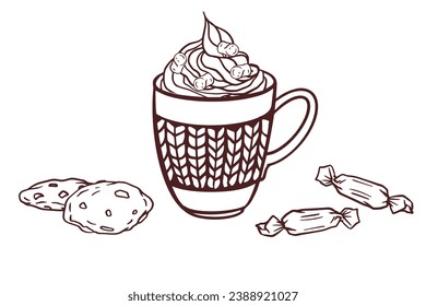 hot cacao, coffee, chocolate Mug with cream and sweets. Hand drawn vector doodle illustration with hot drink, cookie,  candy. Concept for cafe, restaurante, coffee shop menu, poster, flyer.