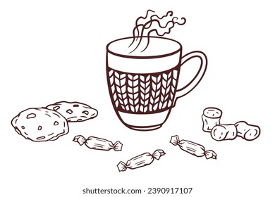 hot cacao, coffee, chocolate, tea Mug with marshmallow and sweets. Hand drawn vector doodle illustration with hot drink, cookie,  candy. Concept for cafe, restaurante, coffee shop menu, poster, flyer.