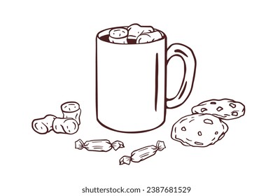 hot cacao Mug and sweets. Hand drawn vector doodle illustration with hot drink for cold days with cookie, marshmallows, candy. Concept for cafe, restaurante, coffee shop menu, poster, flyer.
