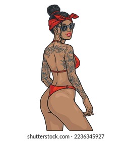 Hot California girl colorful emblem portrait of slender tanned belle in sunglasses and bikini with tattoos on arms vector illustration