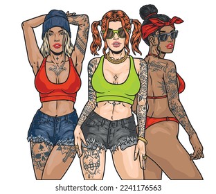 Hot California girls colorful sketch multiracial summer models with tattoos in cocky gangsta style on legs and arms vector illustration