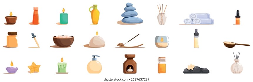 Hot candle oil massage icons set. Aromatic candles, essential oils, stones, towels, and other spa essentials create a tranquil ambiance