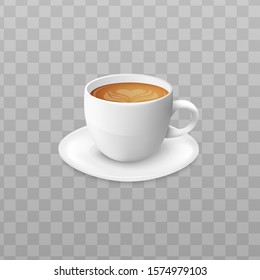 Hot cappuccino coffee in white cup and saucer combo isolated on transparent background - realistic sweet drink with latte art in heart shape - vector illustration