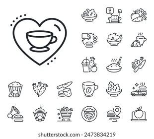 Zeichen für heiße Cappuccino-Tasse. Krepp-, süßes Popcorn- und Salat-Outline-Icons. Love Coffee Line-Symbol. Herz mit Bechersymbol. Love Coffee Line-Zeichen. Pasta-Spaghetti, Ikone für frischen Saft. Lieferkette. Vektorgrafik