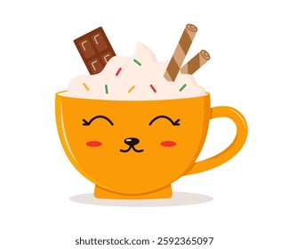 Hot cappuccino with foam in a yellow cup. Mug of hot chocolate, cocoa, cappuccino. Drink with cream, colored sprinkles and candies. Vector illustration