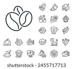 Hot cappuccino seed sign. Crepe, sweet popcorn and salad outline icons. Coffee beans line icon. Roasted seeds symbol. Coffee beans line sign. Pasta spaghetti, fresh juice icon. Supply chain. Vector