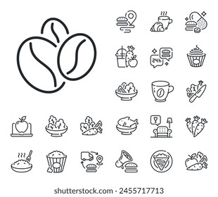 Hot cappuccino seed sign. Crepe, sweet popcorn and salad outline icons. Coffee beans line icon. Roasted seeds symbol. Coffee beans line sign. Pasta spaghetti, fresh juice icon. Supply chain. Vector