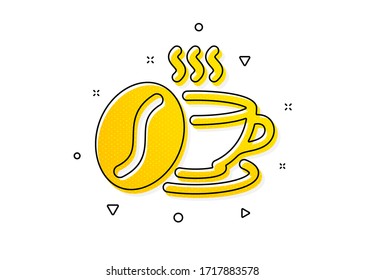 Hot cappuccino sign. Coffee cup with beans icon. Tea drink mug symbol. Yellow circles pattern. Classic coffee cup icon. Geometric elements. Vector