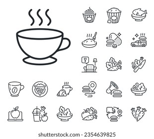 Hot cappuccino sign. Crepe, sweet popcorn and salad outline icons. Coffee cup line icon. Tea drink mug symbol. Coffee cup line sign. Pasta spaghetti, fresh juice icon. Supply chain. Vector