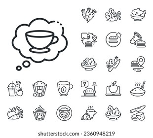 Hot cappuccino sign. Crepe, sweet popcorn and salad outline icons. Coffee cup line icon. Speech bubble symbol. Coffee cup line sign. Pasta spaghetti, fresh juice icon. Supply chain. Vector