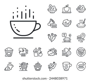 Heißer Cappuccino. Krepp-, süßes Popcorn- und Salat-Outline-Icons. Symbol für Kaffeetasse-Linie. Symbol für Teebecher. In: Coffee Cup Line Sign. Pasta-Spaghetti, Ikone für frischen Saft. Lieferkette. Vektorgrafik