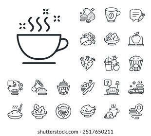 Hot cappuccino sign. Crepe, sweet popcorn and salad outline icons. Coffee cup line icon. Tea drink mug symbol. Coffee cup line sign. Pasta spaghetti, fresh juice icon. Supply chain. Vector