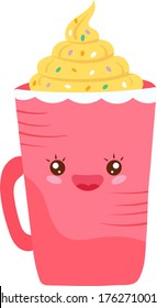 Hot cappuccino, warming food, bright funny kawaii, in cartoon style, glass tasty, flat vector illustration, isolated on white. Sweet cream drink, energy drink, adorable design, print on baby clothes.