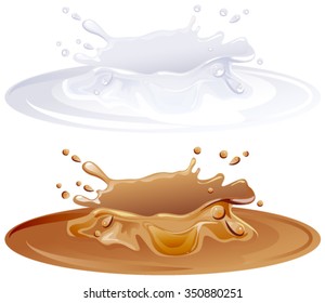 Hot caramel puddle. White milk splashes. Isolated illustration in vector format