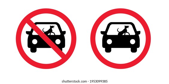 Hot Cars Kill Dogs. Stop, Do Not Dog In Hot Car Or Dog In Locked Cars In The Summer. Abandoned Animal In Closed Space ( Parking ). Vector Pet Sign. No Pets Inside Car In The Sun As Heat Stroke.