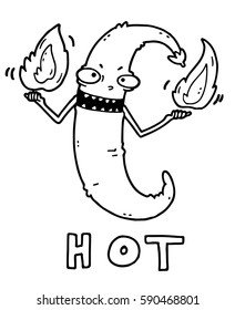 Hot cartoon funny evil chili pepper with fire in both hands