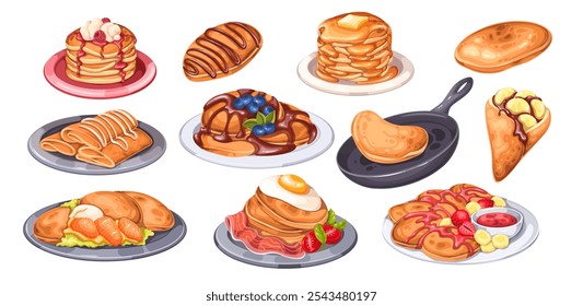 Hot cartoon pancakes, sweet and savory food set. Hot flapjacks with salmon, bacon and egg on plate, stack of hotcakes with chocolate. Breakfast mascot, cartoon tasty pancakes vector illustration