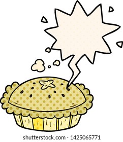 hot cartoon pie fresh out of the oven with speech bubble in comic book style