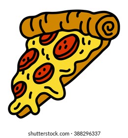 Hot Cartoon Pizza Slice with Pepperoni Meat and Yellow Cheese vector icon