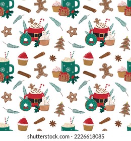 Hot cartoon winter drinks and Christmas bakery seamless pattern. Cocoa with cream, chocolate with marshmallows, cupcakes, donuts, cookies. Isolated on white background. Holiday themed digital paper.