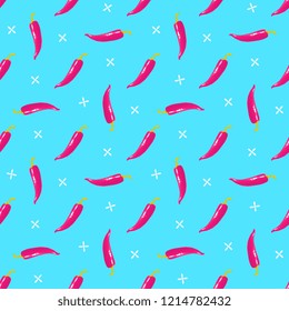 Hot cayenne pepper background. Chile and flowers seamless pattern. Mexican food.