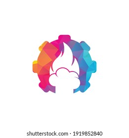 Diseño del logotipo vectorial de la forma de los aparejos de chef caliente. Sombrero de chef con un icono vectorial de llama.