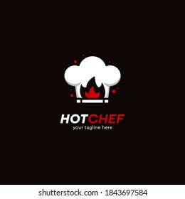 Hot chef hat logo with red fire flame icon illustration vector logo for restaurant, bistro, culinary, catering kitchen business