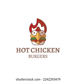 Hot Chicken Burgers Logo Vector, combining fire, chicken and burger, suitable for fast food industry, restaurant or burger shop especially Hot Chicken Burgers.