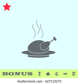 Hot chicken icon flat. Grey pictogram on blue background. Vector illustration symbol and bonus buttons medal, cow, earth, eye, calculator