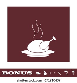 Hot chicken icon flat. White pictogram on brown background. Vector illustration symbol and bonus icons