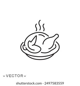 Icono de pollo caliente, pollo asado a la parrilla, plato de pollo en el plato, símbolo de línea delgada aislado en el fondo blanco, ilustrador de Vector editable del movimiento EPS 10