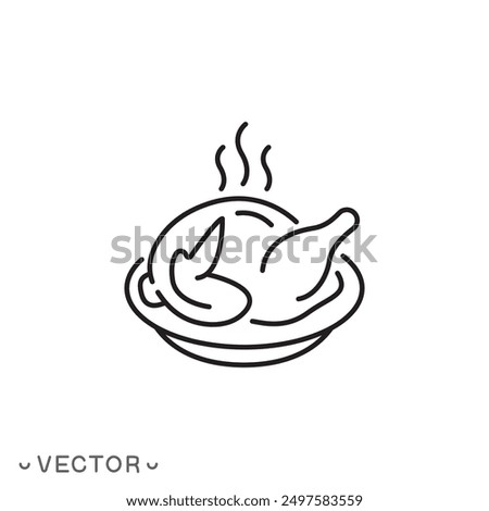 hot chicken icon, roast chicken grilled, chicken dish on plate, thin line symbol isolated on white background, editable stroke eps 10 vector illustrator