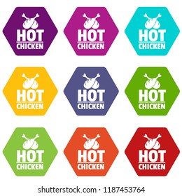 Hot chicken icons 9 set coloful isolated on white for web