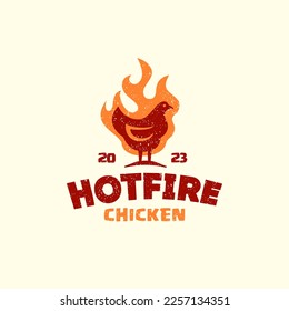 HOT chicken logo. chicken fire logo in rustic vintage, hen head with flame hot symbol vector icon illustration, ,perfect for fast food restaurant icon or any food related business