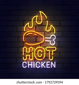 Hot Chicken neon sign, bright signboard, light banner. Chicken Grill logo neon, emblem. Vector illustration