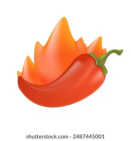 Hot Chili 3D illustration Red Pepper Spicy Food Spice Sauce Cayenne Paprika Fire Flame Vector Logo Design. Pod and fire flame from behind, extreme spicy concept