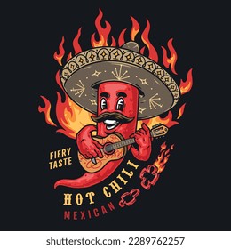 Hot chili colorful detailed flyer with pepper in Mexican hat with guitar and fire near words fiery taste vector illustration