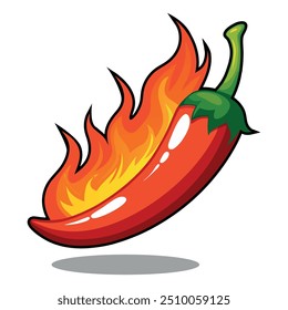 Hot Chili With Fire Vector Floating On White Background Illustration Design