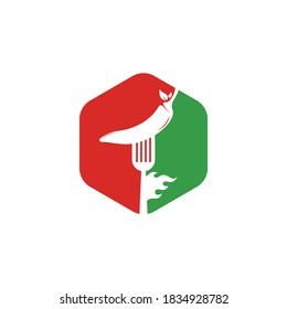 Chili Caliente Con Diseño De Logotipo De Horquilla. Plantilla de logotipo de chile y tenedor para comida picante, menú de restaurante.