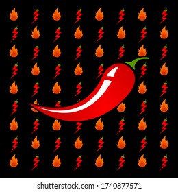 diseño de logotipo de chili caliente vectores en el fondo del fuego y chile relámpago