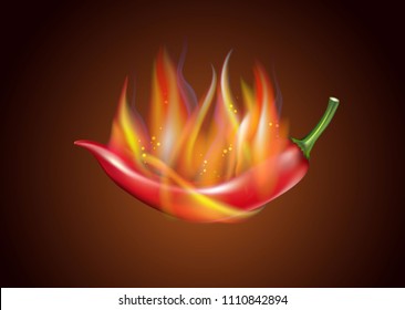 Hot chili pepper burn on fire isolated on color background, Vector realistic 3D illustration, of free space for your copy and branding. Food concept.