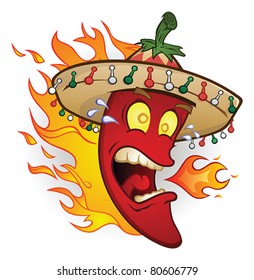 Hot Chili Pepper Cartoon Character Wearing a Sombrero