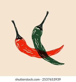 Pimenta picante. Desenho animado vermelho vegetal picante riso print efeito, design de risografia de alimentos orgânicos frescos, saudável vegetariano dieta ingrediente estilo plano. Ilustração vetorial.