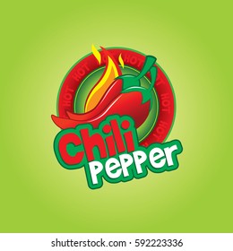 Hot chili pepper with fire burn flaming logo, text and icon