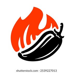 Hot chili pepper in fire, simple symbol. Spice food logo emblem sign