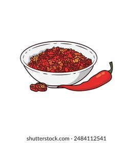 hot chili pepper flakes on bowl , cartoon vector illustration