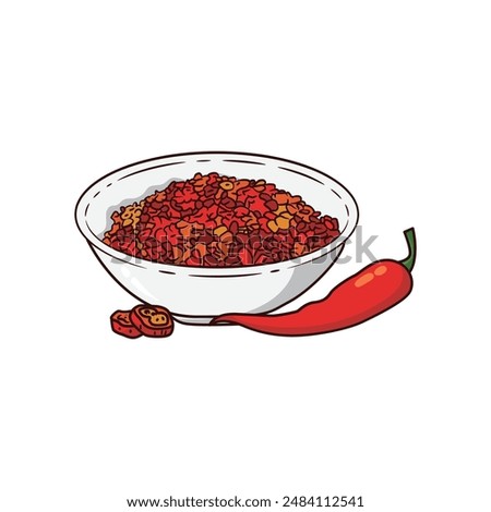 hot chili pepper flakes on bowl , cartoon vector illustration