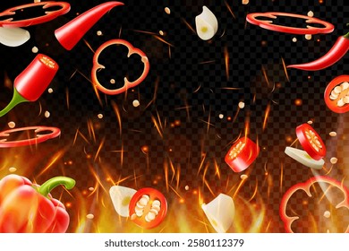 Hot chili pepper and garlic on fire background. Flying and burning vegetables on dark background. Red chili pepper splashing, garlic, Vector realistic in 3D illustration.
