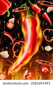 Hot chili pepper and garlic on fire background. Flying and burning vegetables on dark background. Red chili pepper splashing, garlic, Vector realistic in 3D illustration.