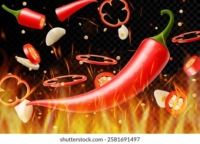 Hot chili pepper and garlic on fire background. Flying and burning vegetables on dark background. Red chili pepper splashing, garlic, Vector realistic in 3D illustration.